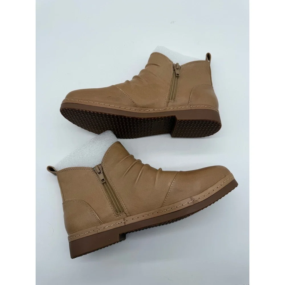 Bella Vita Womens Tan Leather Ruched Ankle Boots Side Zip Low Heel Booties 5.5M